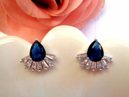 4Ct Lab Created Blue Sapphire Diamond Women Stud Earrings 14K White Gold Plaetd - £80.40 GBP