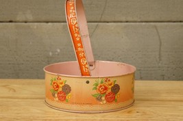 Vintage Metal Tin Toy Round Short Basket Pail Pink Floral Made USA - £16.46 GBP