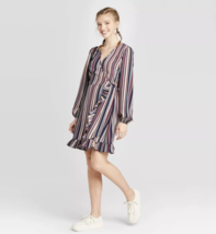 Womens Dress Juniors Large Wrap Mini Striped Long Sleeve V-Neck Navy Ber... - £18.74 GBP