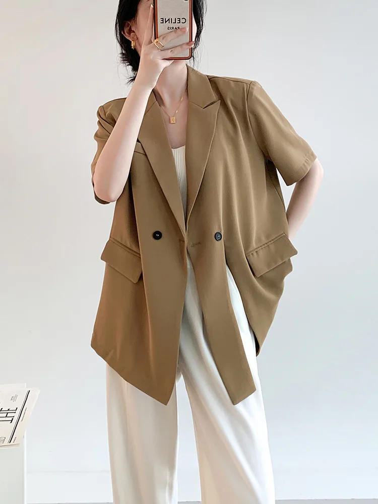  Women&#39;s Summer Blazer Brown Thin Casual Oversize Suit Short Sleeves Slit Jacket - £272.92 GBP
