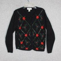 Lisa International Women&#39;s Ugly Christmas Sweater Cardigan Holly Poinsettia - £13.41 GBP