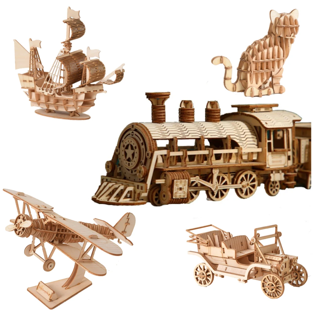 3d Wooden Steam Train Model Toy Kids Building Block Puzzles Linden Assembly - £8.47 GBP+