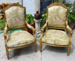 Pair Antique French Louis XVI Gold Gilt Carved Tapestry Upholstered Armc... - £1,776.47 GBP