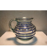 Vintage Hand Blown Artisan Glass Pitcher Applied Blue Rings Applied handle - £51.14 GBP