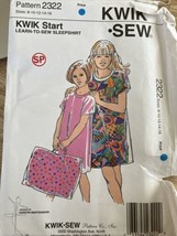 Vintage 90s Kwik Sew Pattern 2322 Uncut Girls Sleep Shirt And Pillowcase... - £11.04 GBP