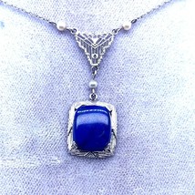 Art Deco 10k White Gold Filigree Lapis Pendant (#J5209) - £340.22 GBP