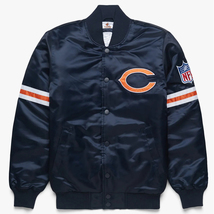 NFL Chicago Bears Navy Blue Satin Bomber Baseball Letterman Varsity Jacket - £85.23 GBP