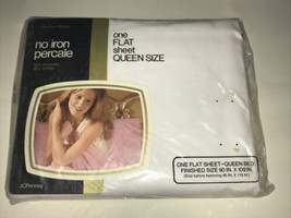 Vtg JC Penney&#39;s Fashion Manor No Iron Percale Queen Flat Sheet White NEW - £13.18 GBP