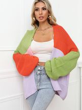 Color Block Open Front Balloon Sleeve Longline Cardigan - £29.40 GBP