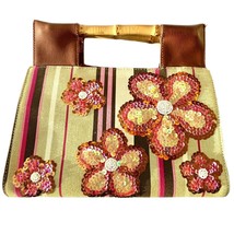 Far Nine Bamboo Handle Purse Sequin Beads Flowers Striped Fabric Clutch + Strap - £24.08 GBP