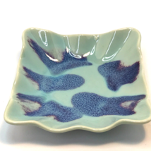 Edgecomb Pottery Ruffle Edge Bowl Modern Glazed Aqua Marine Dark Blue Splatters - £19.35 GBP