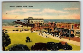 The Pier Daytona Beach Florida Postcard Beach Linen Old Cars Ocean  Buildings - £8.22 GBP