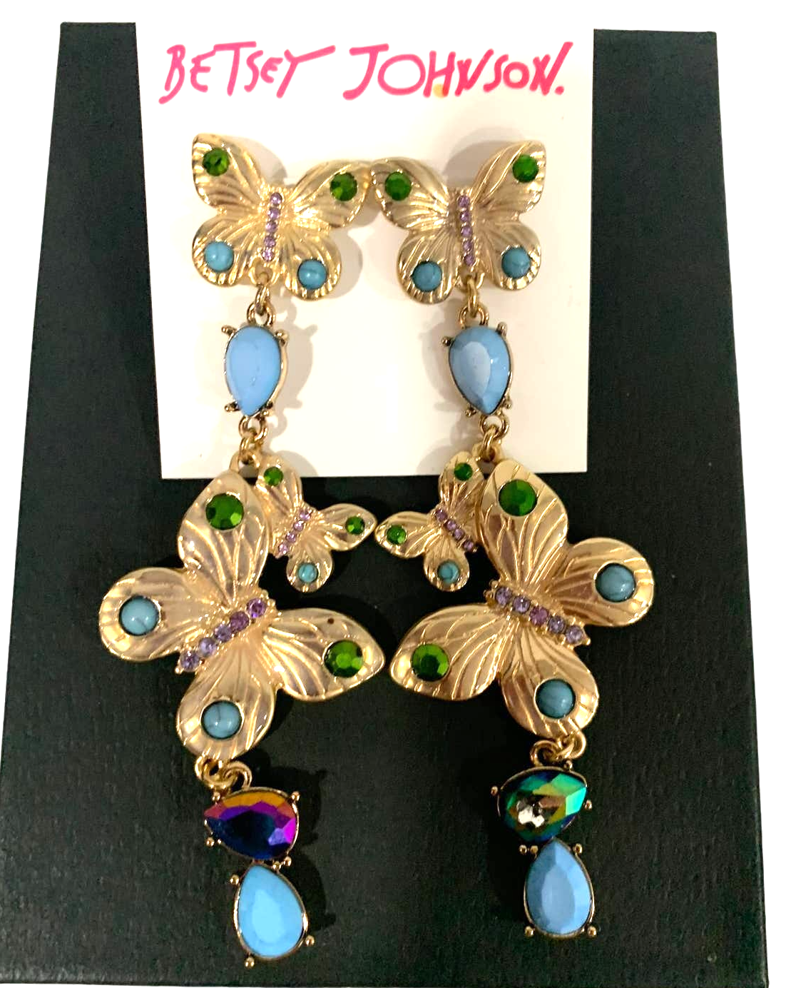 Betsey Johnosn Butterfly Earrings Gold w/ Blue Dangling NEW - $48.02