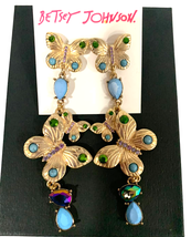 Betsey Johnosn Butterfly Earrings Gold w/ Blue Dangling NEW - £38.38 GBP