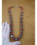 V-273 Black Cloisonne red Cinnabar flower bead gold 28&quot; long Necklace je... - $184.18