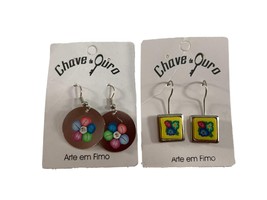 Chave de Ouro Fimo Art Earrings Lot of 2 Dangle Flowers Yellow Blue Pink - $14.85
