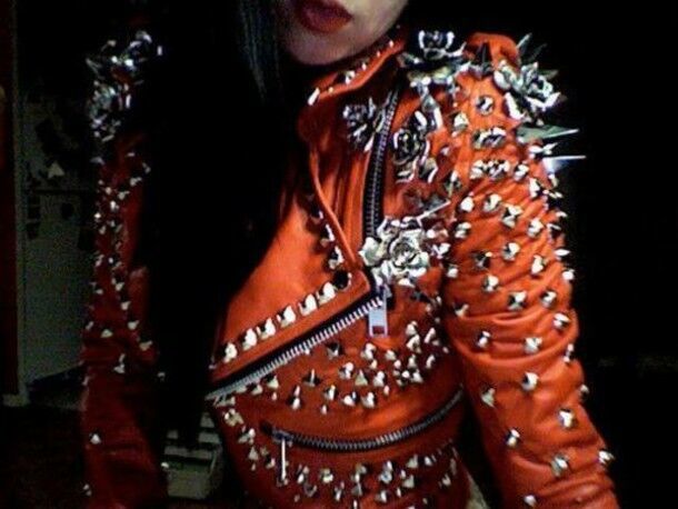 Women's Red Color Genuine Leather Silver Long Spike Punk Studded Slim Fit Jacket