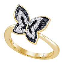 10k Yellow Gold Round Black Color Enhanced Diamond Butterfly Bug Ring 1/3 - £343.22 GBP