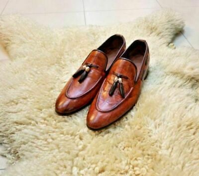 Handmade Men's Genuine Tan Calf Leather Crocodile Print Slip Ons Tassles Shoes 2