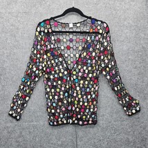 Hand Croched Cardigan Woman S/M Black Multicolor Circles Beaded Sheer Ar... - $46.74