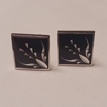 Mens Vintage Anson Cufflinks Silvertone Black Cut Floral Design Costume Jewelry - £11.89 GBP