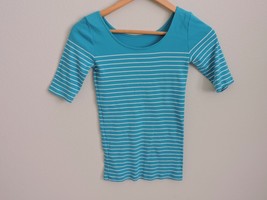 Ann Taylor Shirt Striped White Turquoise Casual Womens XS Cotton Short S... - $17.99