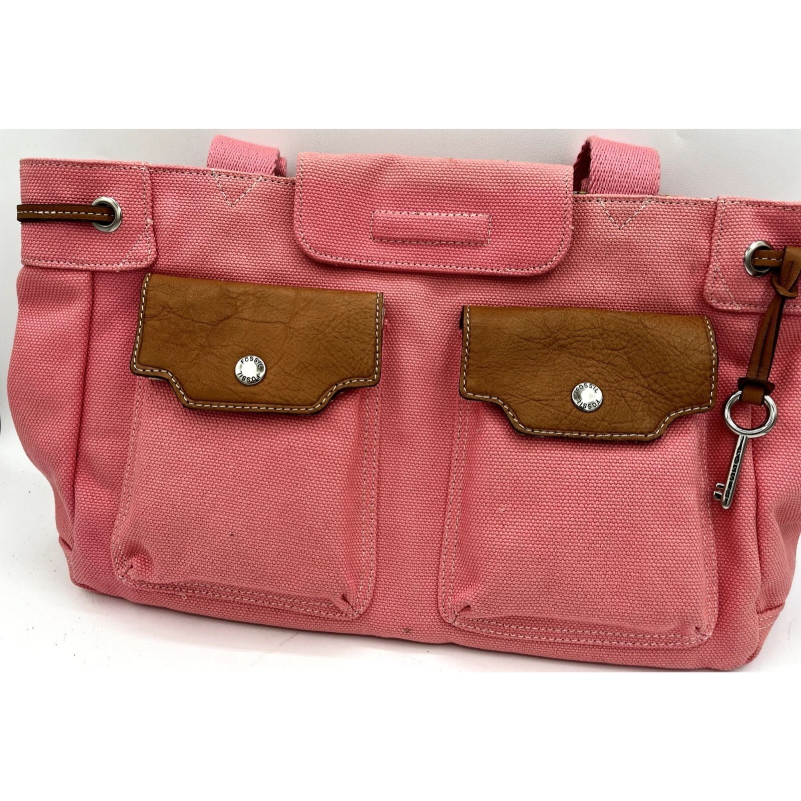 fossil pink canvas brown leather handbag satchel tote shopper key charm 75082 Item image 2