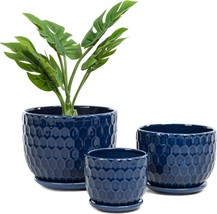 Set Of Three Small To Medium-Sized Ceramic Flower Pots In A Navy Blue Co... - £35.22 GBP