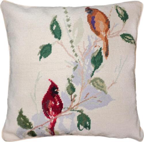 Pillow Throw Needlepoint Double Cardinals 18x18 Red Green Cotton Velvet Back - £242.98 GBP