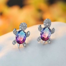 Women Fashion Turtle Stud Earrings Blue Purple Oval Gradient Zircon Jewelry  - £4.78 GBP+