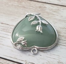 Vintage Pendant Large Green Heart Silver Tone Flower Detail - No Chain Included - £13.56 GBP