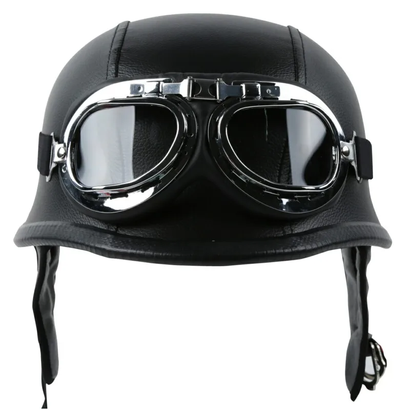 Motorcycle Helmet German PU Leather Style Pilot Goggles Open Face Half Face Retr - £145.70 GBP