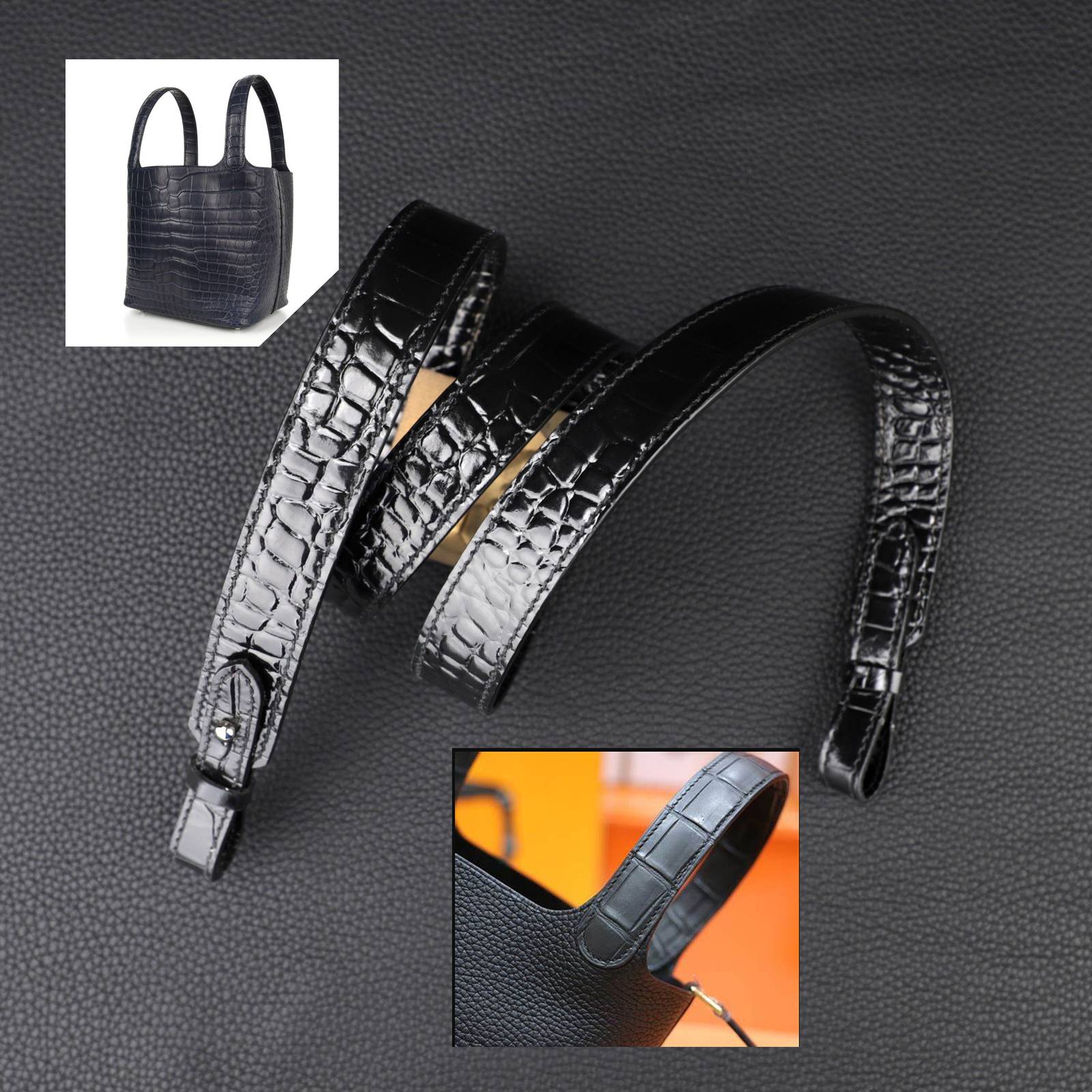 3.0cm width Black embossing crocodile leather shoulder strap for crocodile Picot