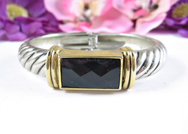 BLACK GEM Clamper BRACELET Vintage Silvertone with Goldtone Accents Hing... - £13.23 GBP