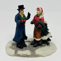 Vintage Rite Aid Holiday Figurine Village Man And Woman With Wreath Pine Tree - £9.98 GBP