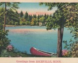 1938 Linen Post Card Shoreview Resort Richville Minnesota Lake View w Canoe - $8.86
