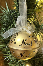 3 Gold Christmas Ornaments Jingle Bells Peace Noel Joy NWOT 3.5&quot; x 3.25&quot; - £9.67 GBP