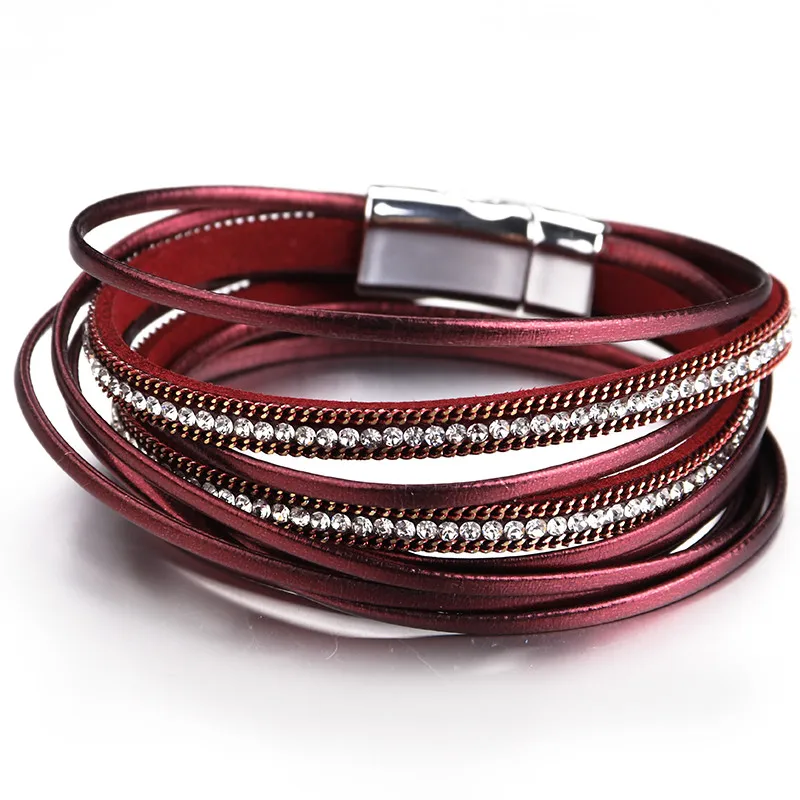 Multilayer Leather Bracelets for Women Femme 6 Colors Magnet Clasp Crystal Bohem - £16.44 GBP