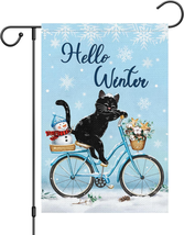 Welcome Winter Black Cat Garden Flag 12X18 Double Sided, Burlap Small Snow Bicyc - $13.12