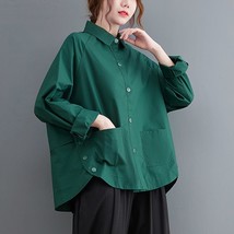 work Button Pocket Green Oversized Blouse Women New Long Sleeve Loose Casual Shi - £75.56 GBP