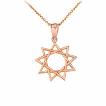 Solid 14k Rose Gold 9 Star Baha&#39;i Sun Openwork Pendant Necklace - £126.45 GBP+