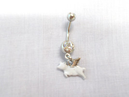New Flying Pig W White Enamel Body &amp; Silver Wing Charm 14g Clear Cz Belly Ring - £5.62 GBP
