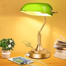 Bankers Lamp With 2 Usb Ports, Touch Control Green Glass Desk Lamp With Brass Ba - £71.92 GBP