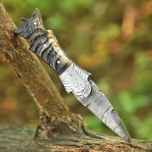 Damascus Folding Double edge Blade Pocket Knife - Dagger - Ram Horn Handle - $36.39
