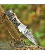 Damascus Folding Double edge Blade Pocket Knife - Dagger - Ram Horn Handle - $36.39