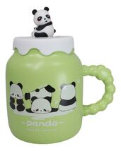Acrobatic Green Panda Bears Green Mug With Anime Panda Figurine Handle Lid - €16,32 EUR