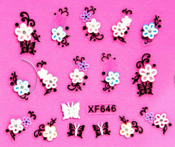 Nail Art 3D Stickers Stones Design Decoration Tips Flowers White Black XF646 - £2.30 GBP