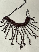 Double Strand Oxidized Silvertone Chain w Tiny Ruby Red Bead Long Fringe Choker - £11.13 GBP