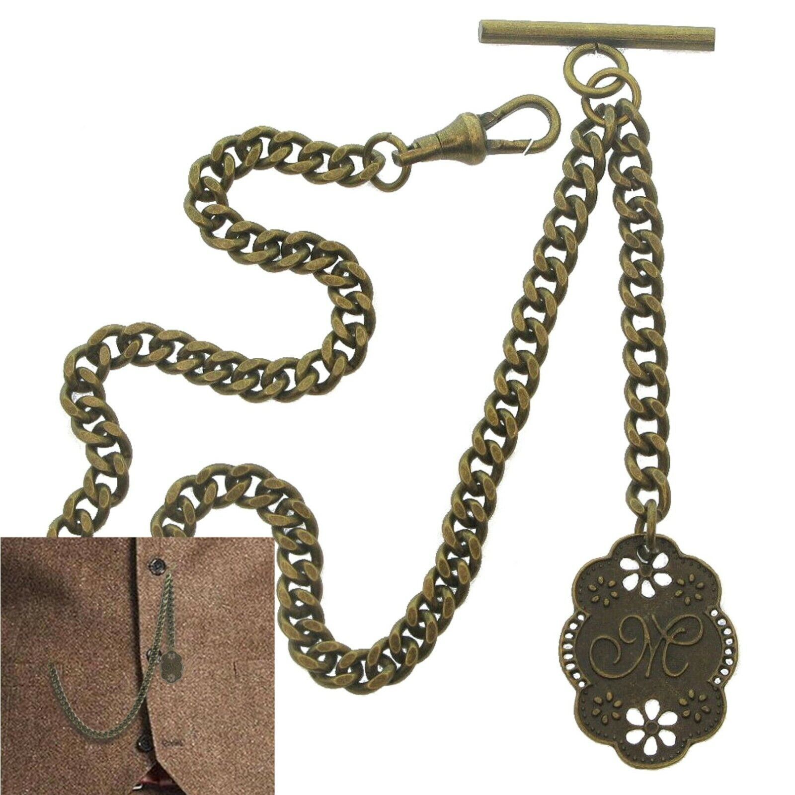 Albert Chain Bronze Pocket Watch Chain Letter Initial M Fob Swivel Clasp... - $15.89