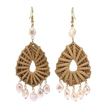 Bold and Beautiful Woven Bamboo Teardrops with Hanging Pearl Dangle Earrings - $15.17